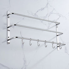 Load image into Gallery viewer, THREE Stagger Layers Towel Rack Upgraded with SIX Movable Hooks Stainless Steel Towel Bars Bathroom Accessories Set for Hanging Bath Sponge and Towels Bright Polishing 23.62 inches KJWY005YIN-60CM
