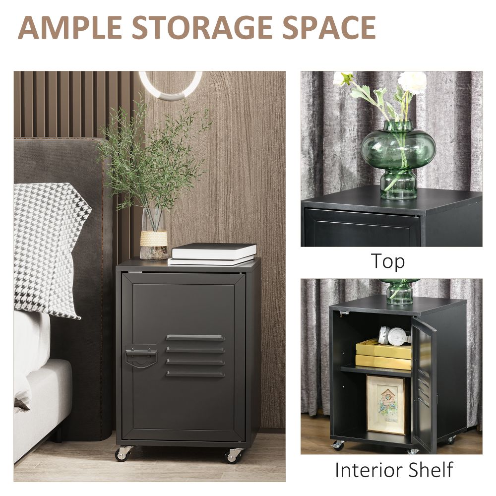 Industrial Chic Rolling Bedside Table with Adjustable Storage and Metal Door
