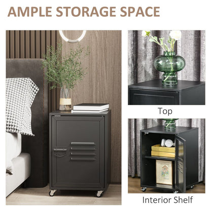 Industrial Chic Rolling Bedside Table with Adjustable Storage and Metal Door