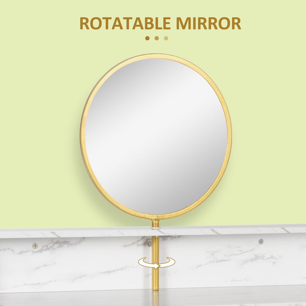 Elegant White Faux Marble Vanity Table with Round Mirror - Dreamy Makeup Station