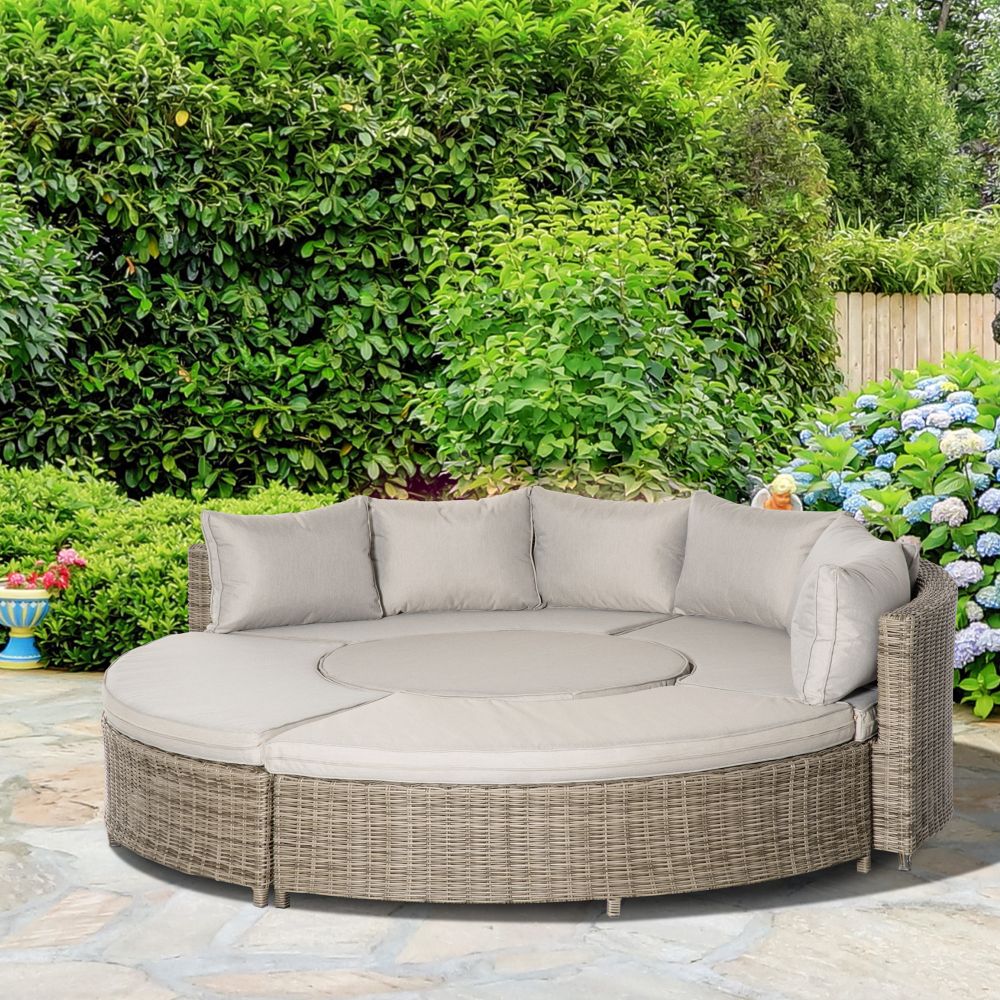 Versatile 8-Seater Rattan Daybed with Adjustable Table & Cozy Olefin Cushions