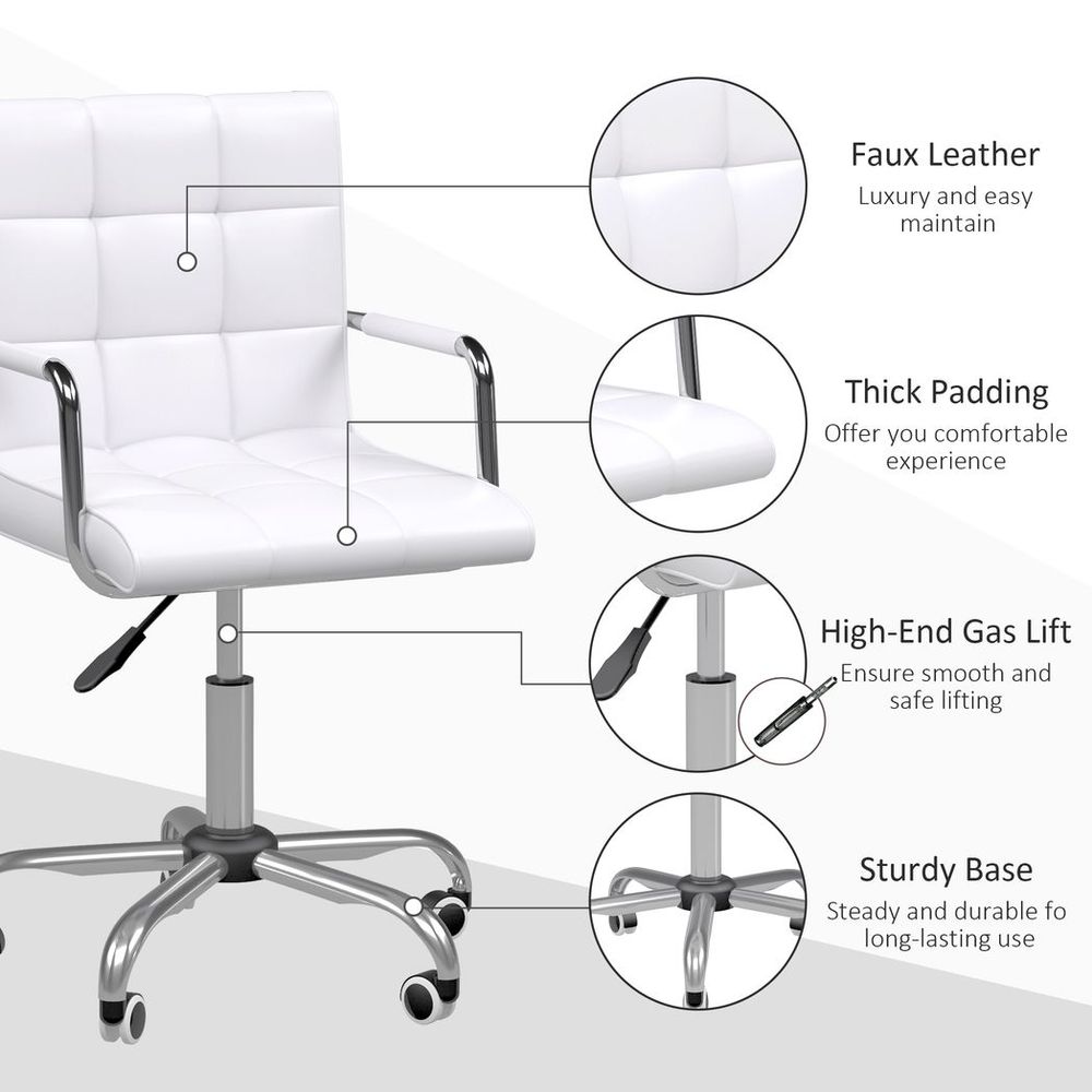 Stylish White Mid Back PU Leather Swivel Desk Chair with Armrests & Wheels