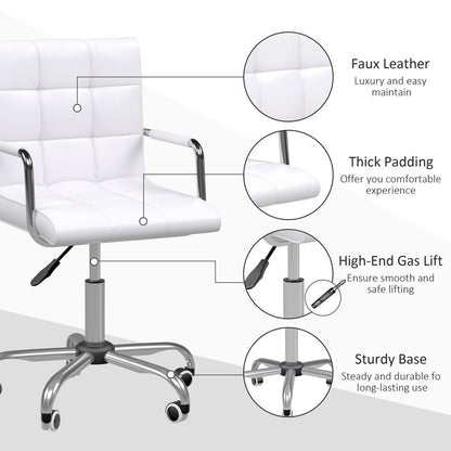 Stylish White Mid Back PU Leather Swivel Desk Chair with Armrests & Wheels