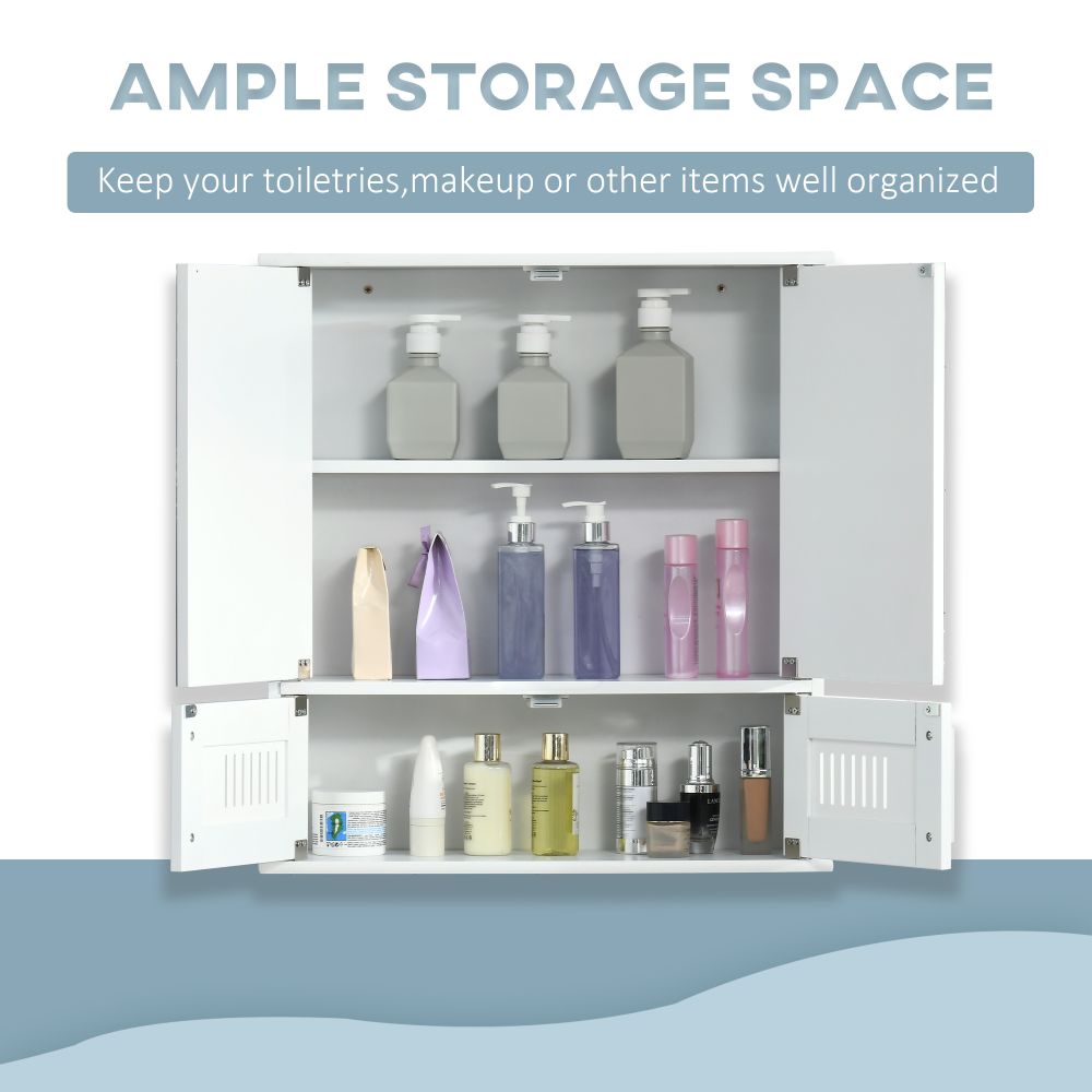 White Wall-Mounted Bathroom Mirror Cabinet with Double Doors & Storage