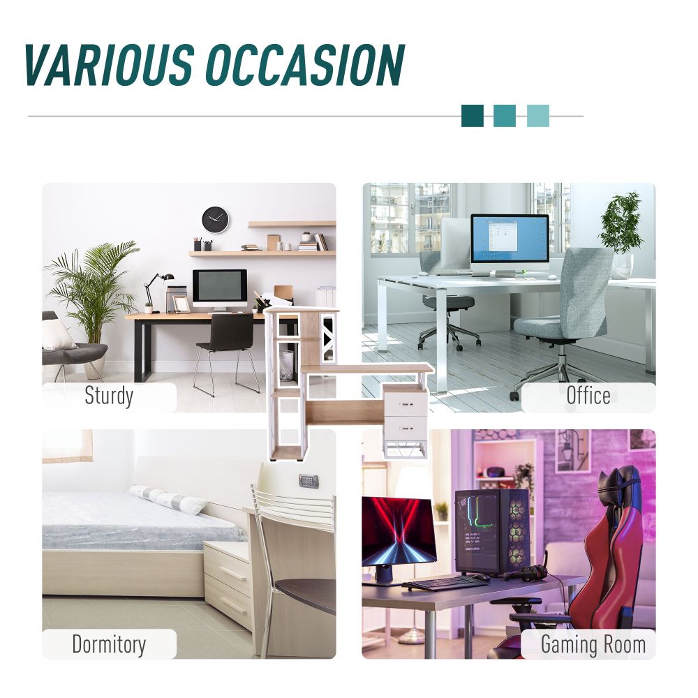 Elegant Oak & White Workstation Desk with Dual Drawers and Multi-Shelves