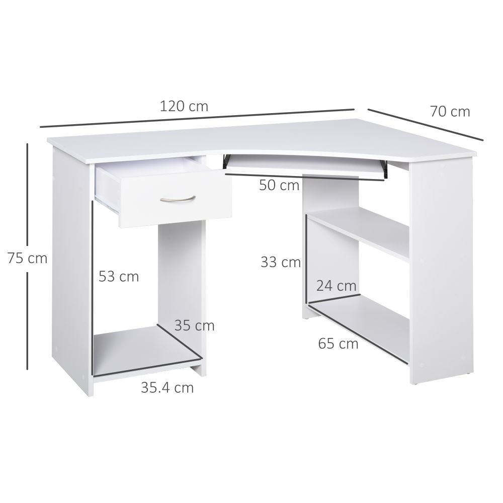 Compact L-Shaped Corner Desk with Shelves & Keyboard Tray - Modern White
