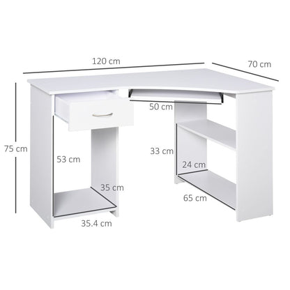 Compact L-Shaped Corner Desk with Shelves & Keyboard Tray - Modern White