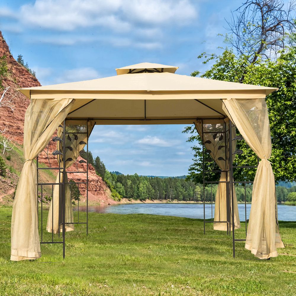 Stylish 3x3m Beige Double Top Gazebo with Mesh, Perfect for Any Outdoor Event!