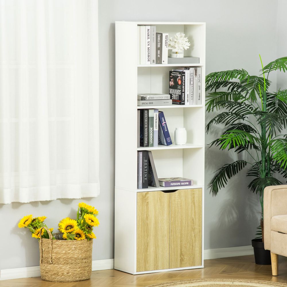 Elegant White & Oak Tall Bookcase with 2 Doors and 4 Shelves for Stylish Storage