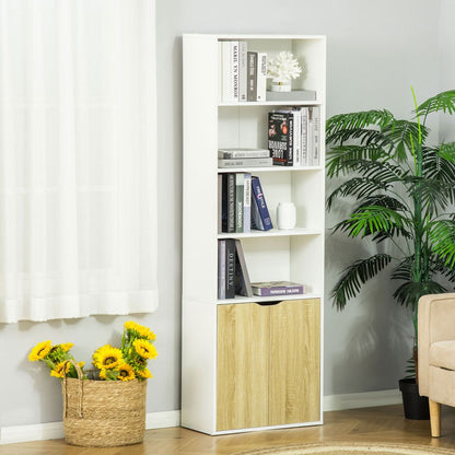 Elegant White & Oak Tall Bookcase with 2 Doors and 4 Shelves for Stylish Storage