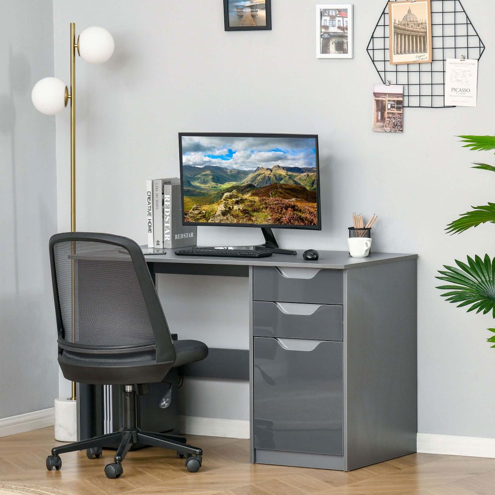 Modern Grey Computer Desk with Storage Drawers for Stylish Workspaces