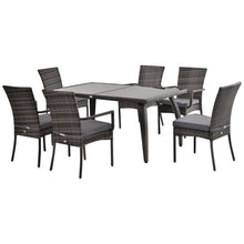 Load image into Gallery viewer, 7-Piece Grey Rattan Dining Set with Cushions &amp; Glass Top – Perfect for Outdoors!
