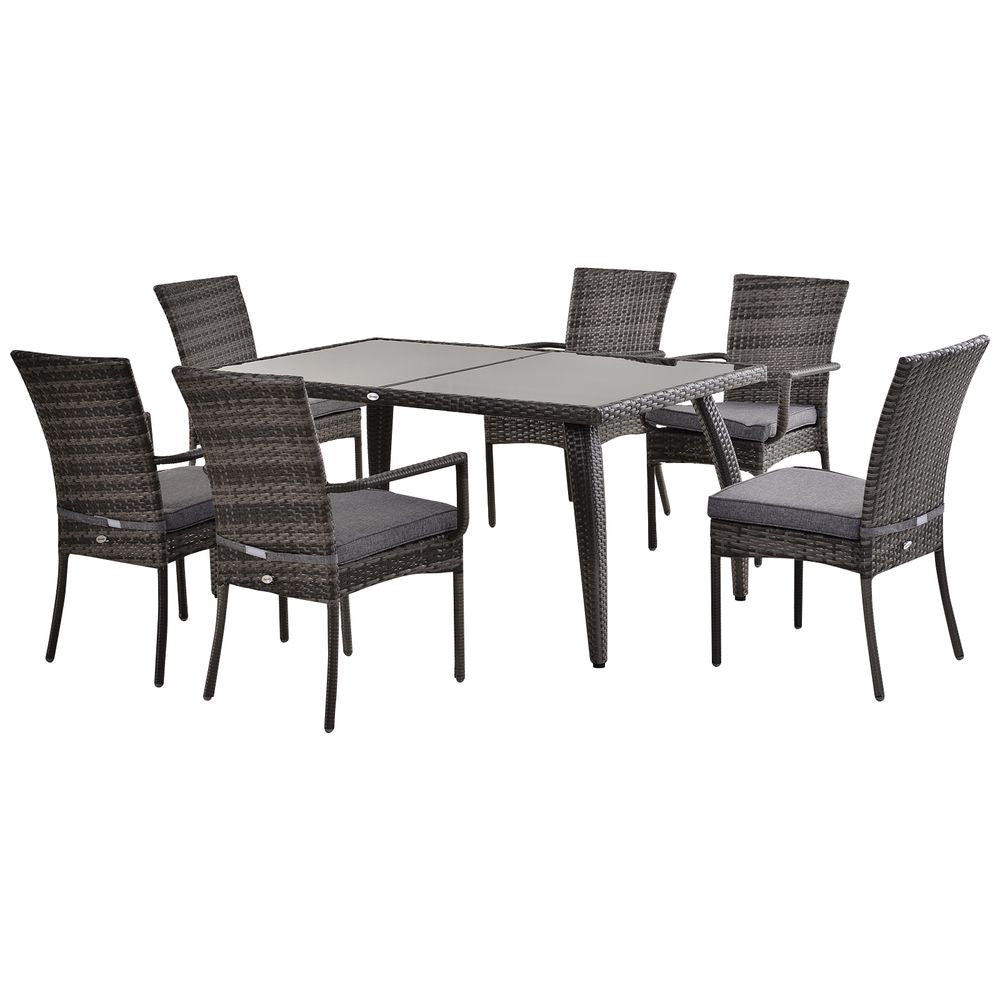 7-Piece Grey Rattan Dining Set with Cushions & Glass Top – Perfect for Outdoors!