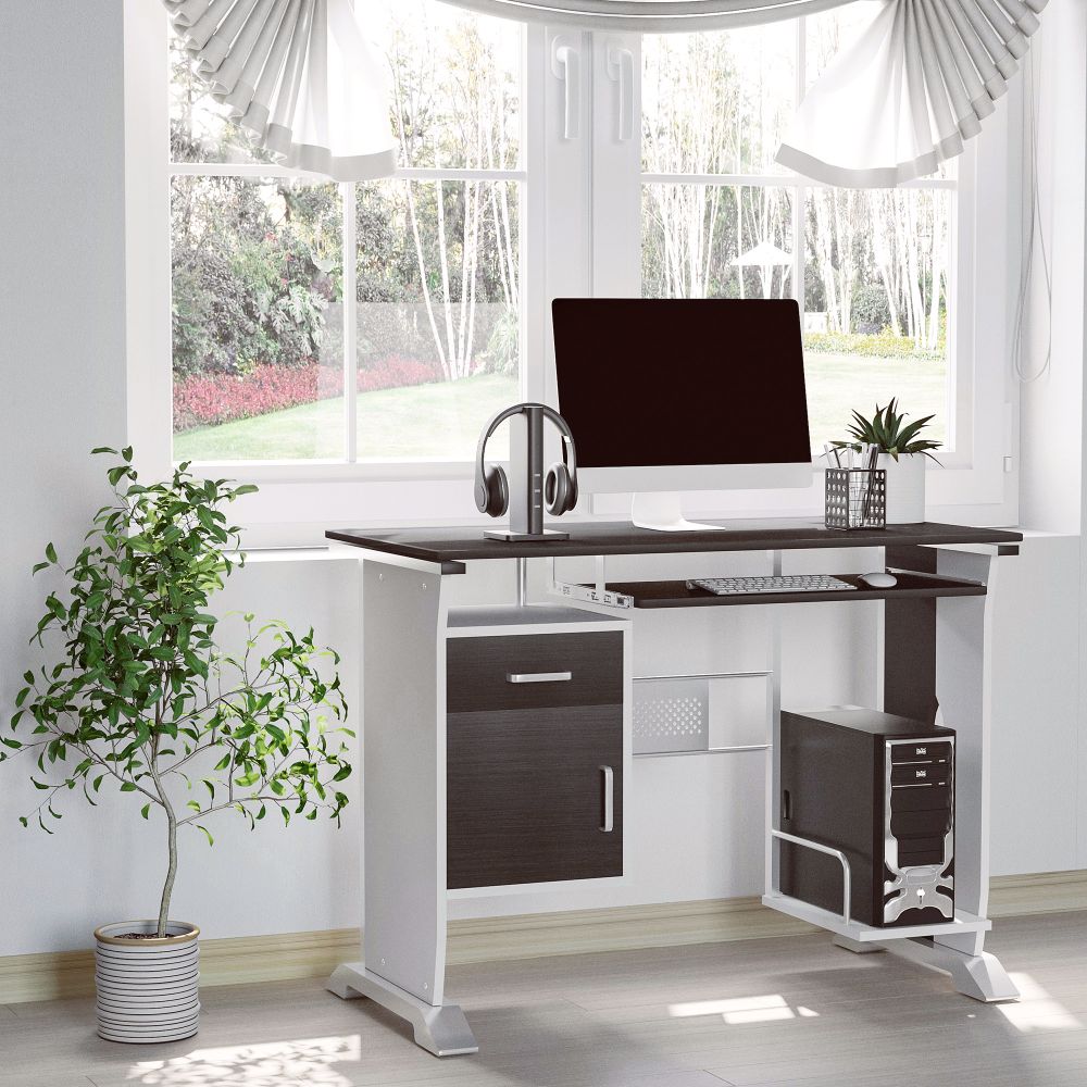 Stylish Compact Wooden Computer Desk with Keyboard Tray & Storage Drawers