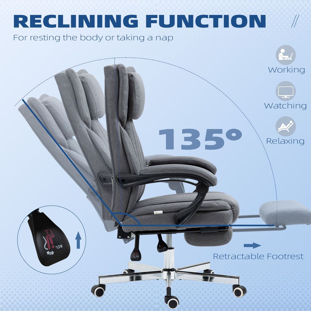 Vinsetto Ergonomic Reclining Office Chair with Headrest & Footrest - Dark Grey