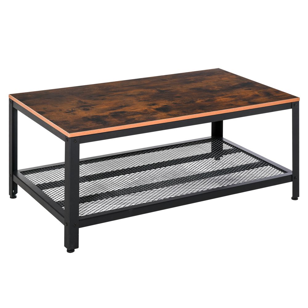 Stylish 2-Tier Coffee Table with Storage - Rustic Wood Grain & Black Frame