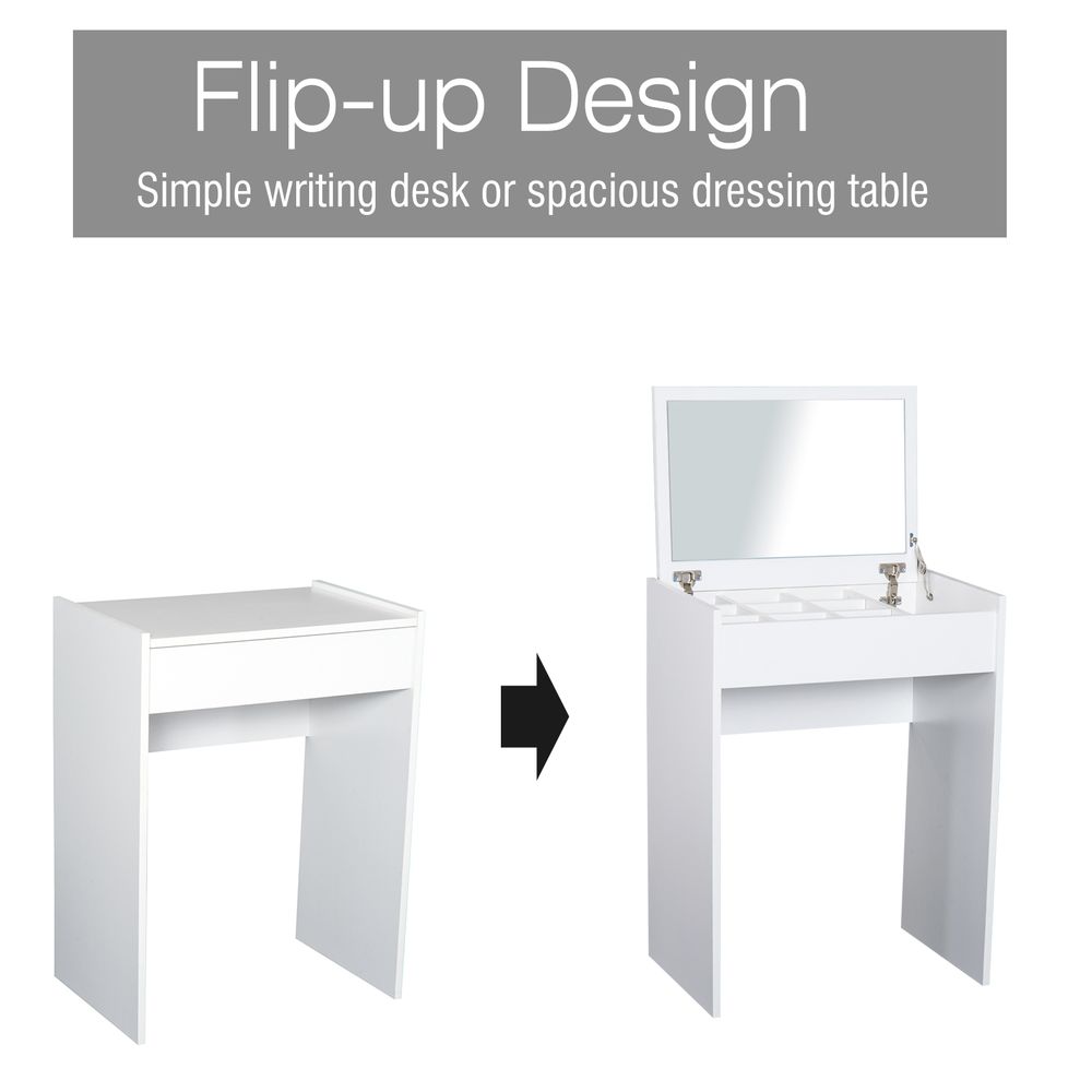Elegant White Dressing Table Set with Padded Stool & Flip-Up Mirror