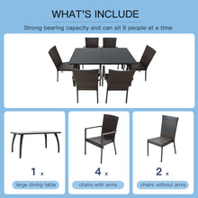 Load image into Gallery viewer, Elegant 6-Seater Brown Rattan Garden Dining Set with Tempered Glass Table
