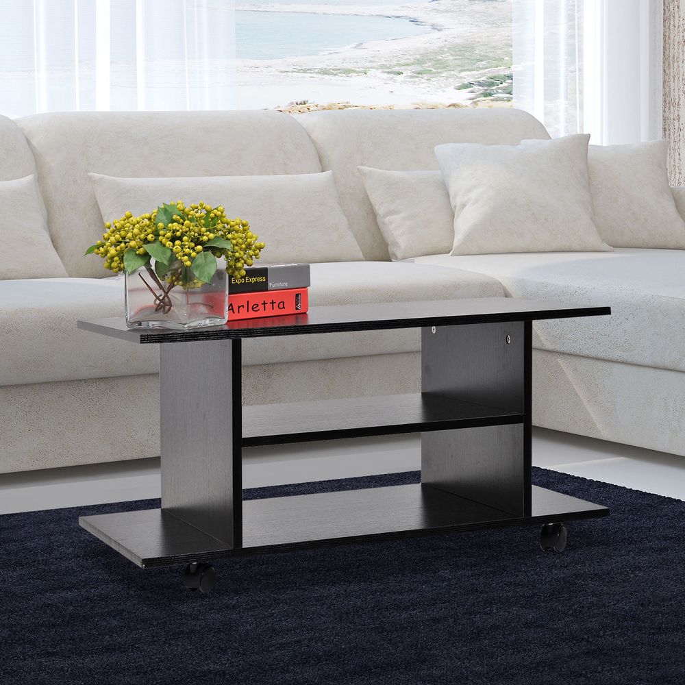 Versatile Mobile TV Stand & Bookshelf - Sleek Black with Easy Mobility
