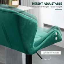 Load image into Gallery viewer, Elegant Green Velvet Bar Stools - Set of 2 with Adjustable Metal Footrest

