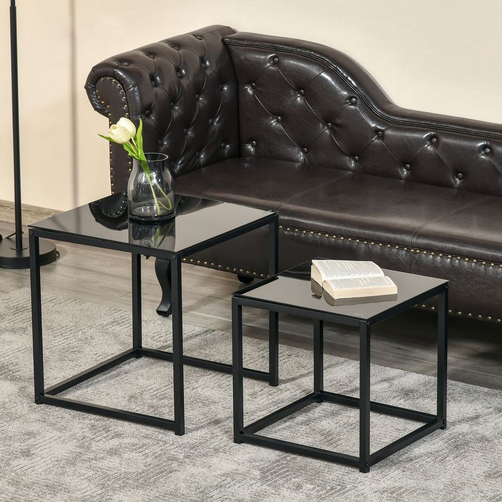 Elegant Nesting Side Tables Set with Tempered Glass Top - Modern Black Design