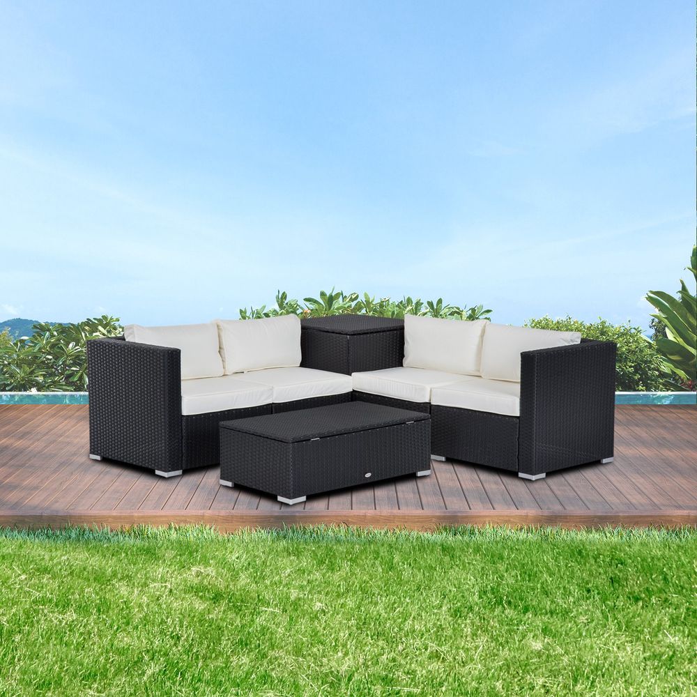 Outdoor 6-Piece Rattan Sofa Set with Cushions - Modern Black/Beige Design