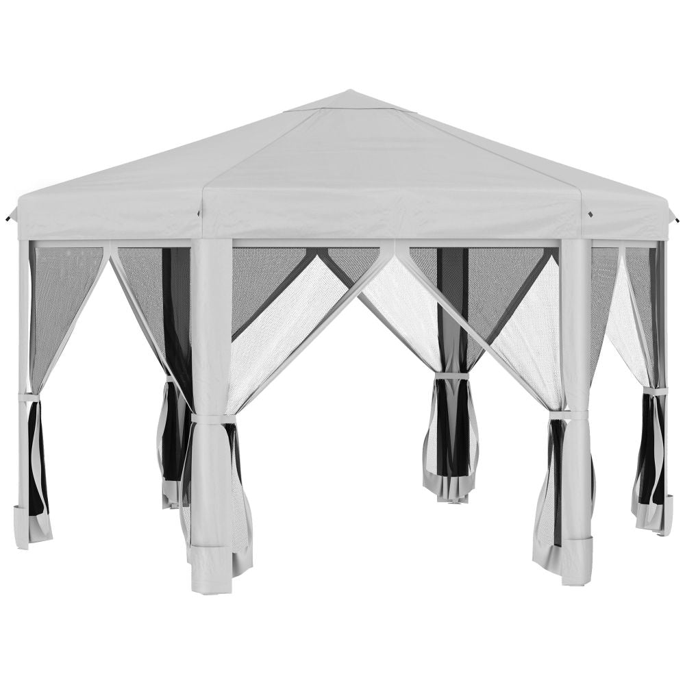 Hexagonal 3.2m Pop-Up Gazebo with Mesh Walls & Carry Bag - Light Grey Comfort