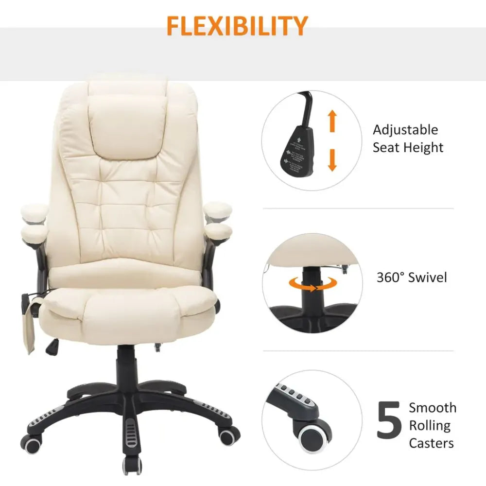 Reclining Executive Office Chair with Massage & Heat - Stylish Beige Comfort