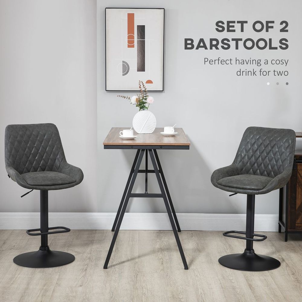 HOMCOM Adjustable Bar Stools Set of 2 - 360° Swivel Grey Faux Leather Chic