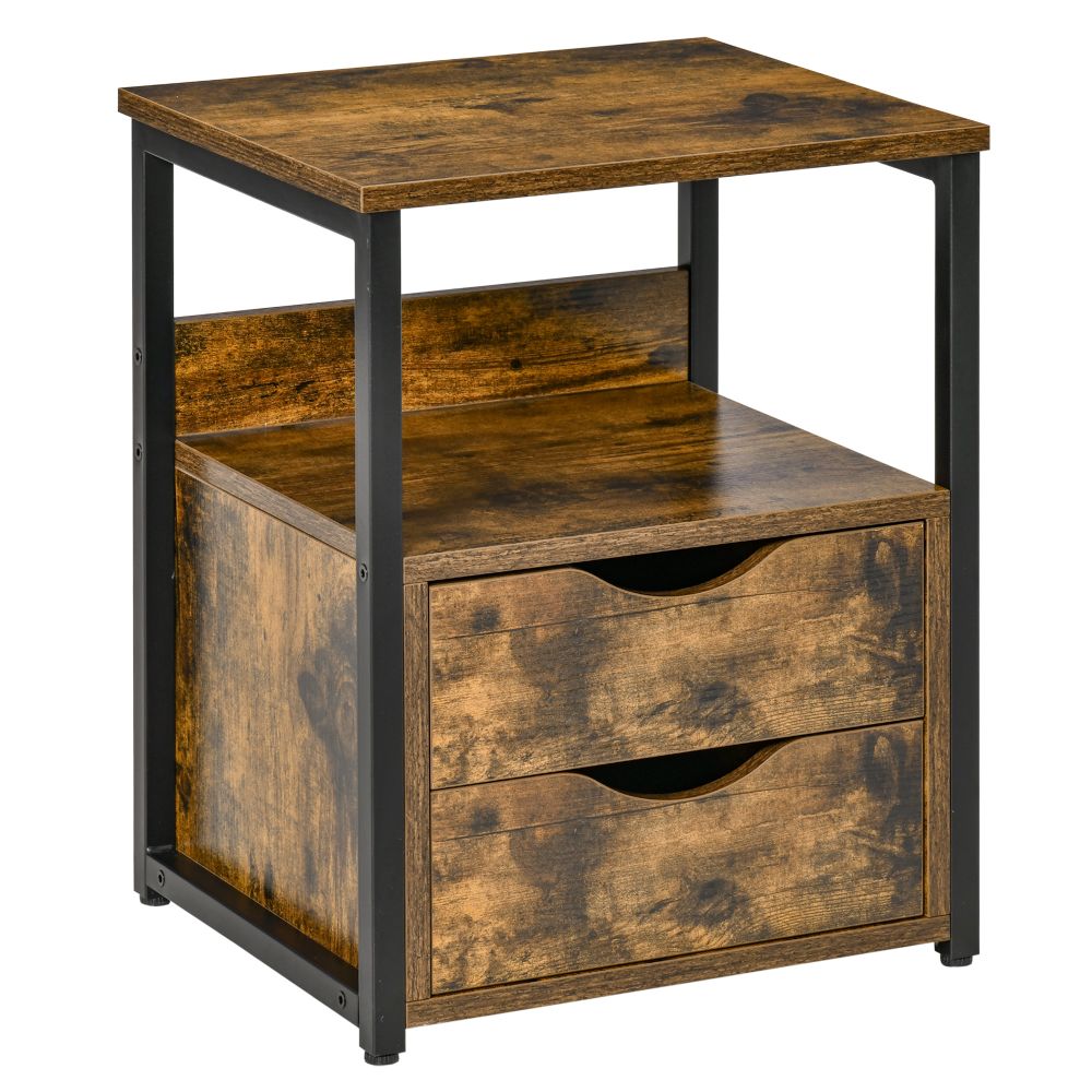 Rustic Industrial Side Table: HOMCOM Slim Storage Cabinet with Open Shelf & Drawers