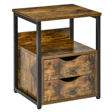 Load image into Gallery viewer, Rustic Industrial Side Table: HOMCOM Slim Storage Cabinet with Open Shelf &amp; Drawers

