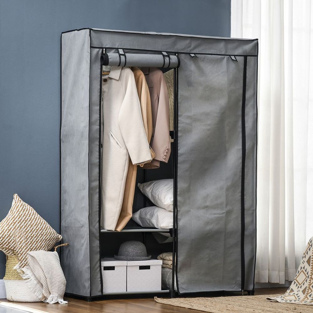 Versatile Portable Fabric Wardrobe with Shelves & Hanging Rails - Light Grey