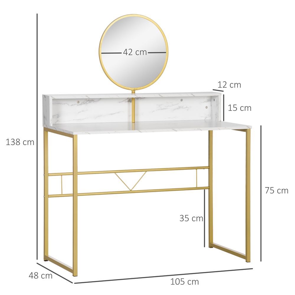 Elegant White Faux Marble Vanity Table with Round Mirror - Dreamy Makeup Station