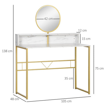 Elegant White Faux Marble Vanity Table with Round Mirror - Dreamy Makeup Station