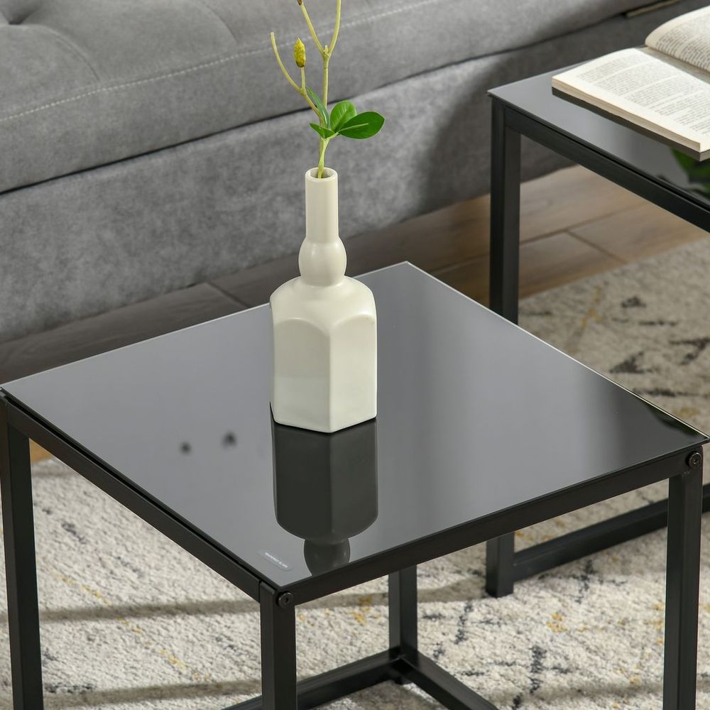 Elegant Nesting Side Tables Set with Tempered Glass Top - Modern Black Design