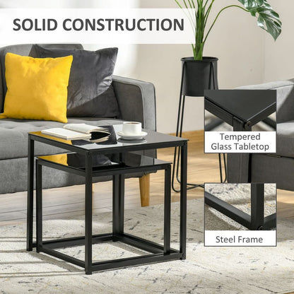 Elegant Nesting Side Tables Set with Tempered Glass Top - Modern Black Design