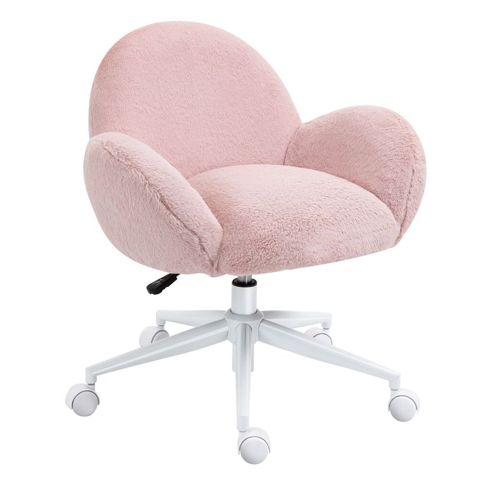 Cozy Pink Fluffy Office Chair with Backrest & Armrests - Perfect for Home Workspace!