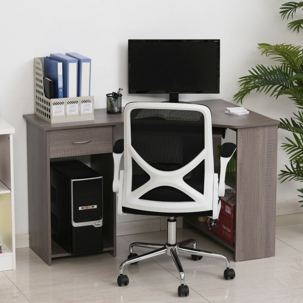 Space-Saving L-Shaped Corner Computer Desk with Dual Shelves - Grey Elegance