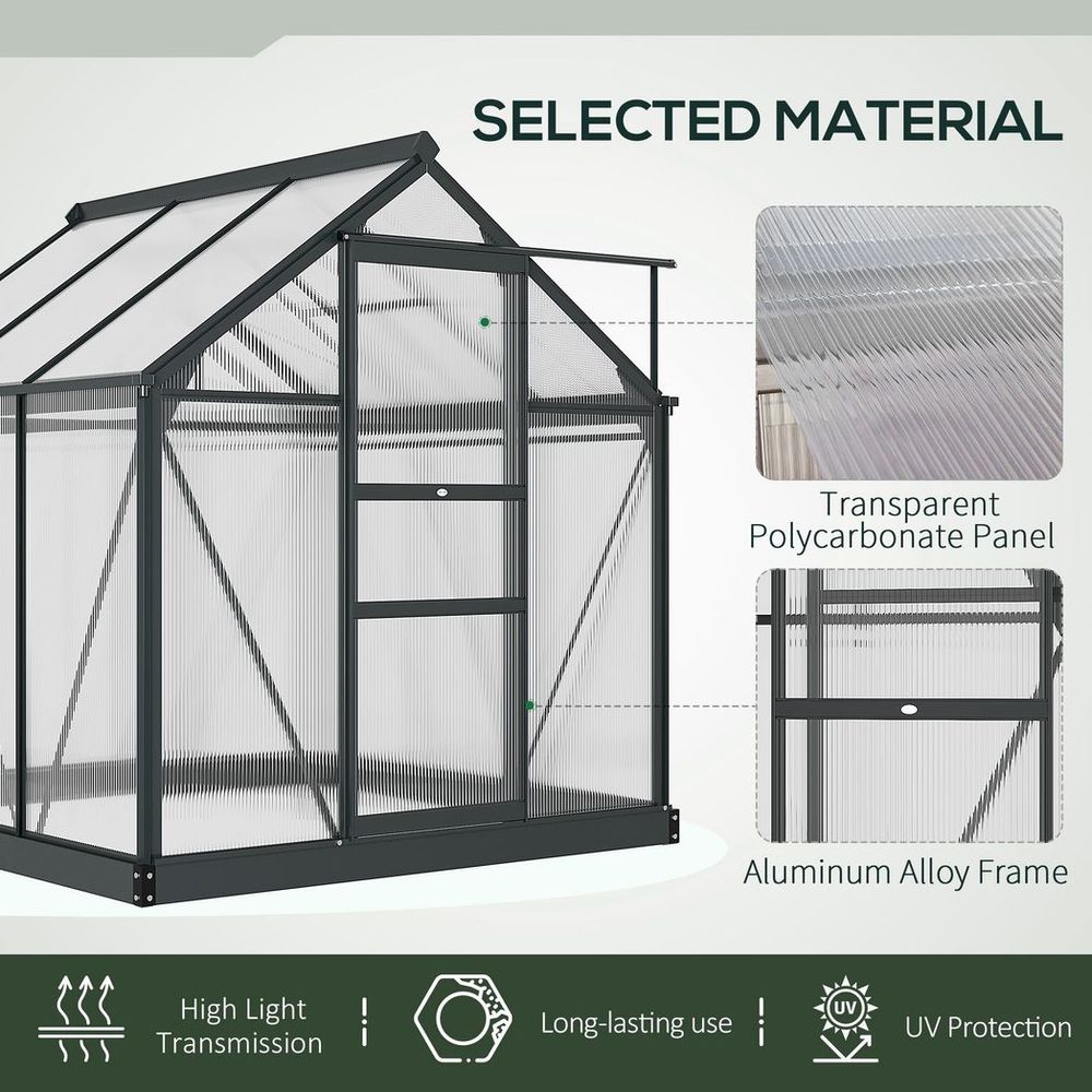 6x6ft Polycarbonate Garden Greenhouse with Aluminium Frame & Sliding Door