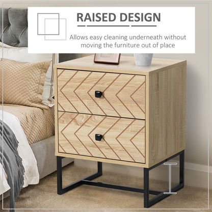 Chic Zig Zag Two-Drawer Bedside Table with Sleek Black Metal Handles