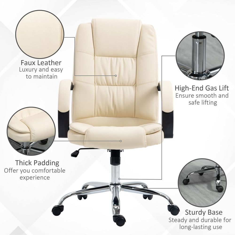Beige PU Leather High Back Executive Office Chair - Adjustable & Comfortable