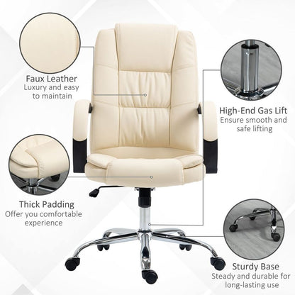 Beige PU Leather High Back Executive Office Chair - Adjustable & Comfortable