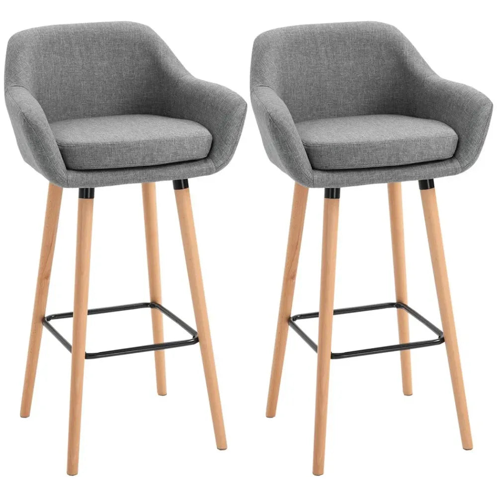 Chic Modern Grey Fabric Bar Stools - Set of 2 with Solid Wood Legs