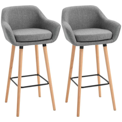 Chic Modern Grey Fabric Bar Stools - Set of 2 with Solid Wood Legs