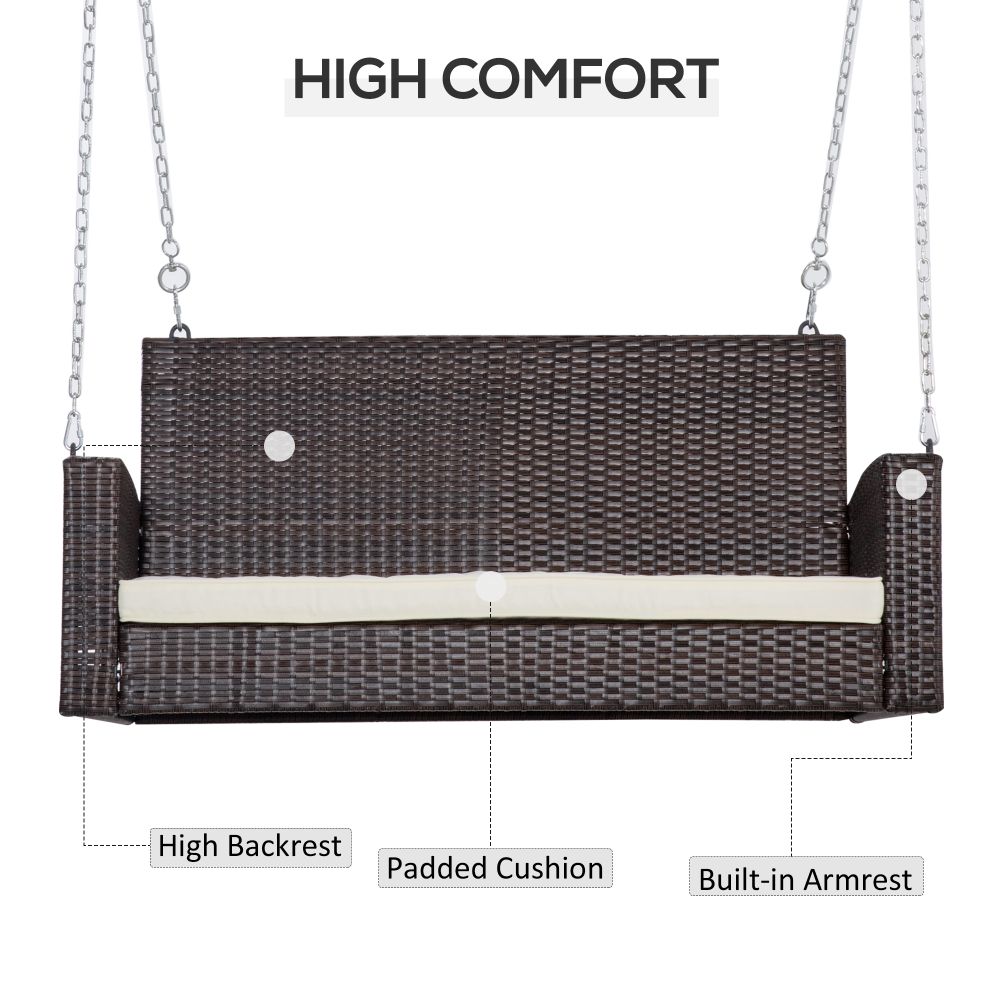 Cozy 2-Person Rattan Porch Swing Bench with Cushions – Cream White Comfort