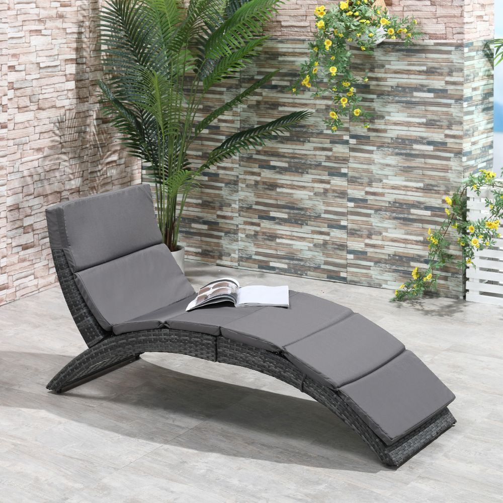 Outsunny Folding Rattan Wicker Sun Lounger with Cushion - Grey Paradise Awaits!