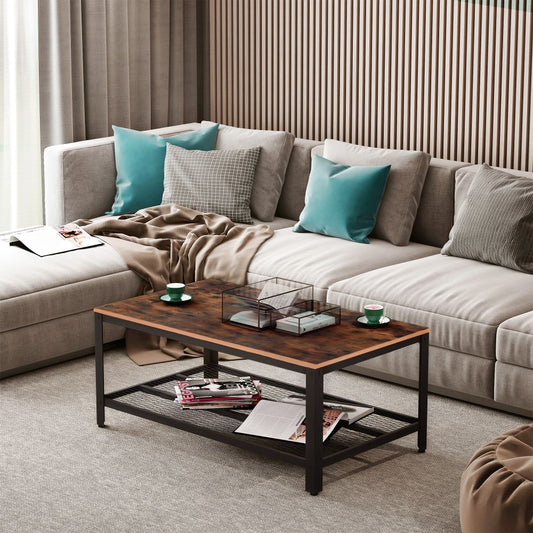 Stylish 2-Tier Coffee Table with Storage - Rustic Wood Grain & Black Frame