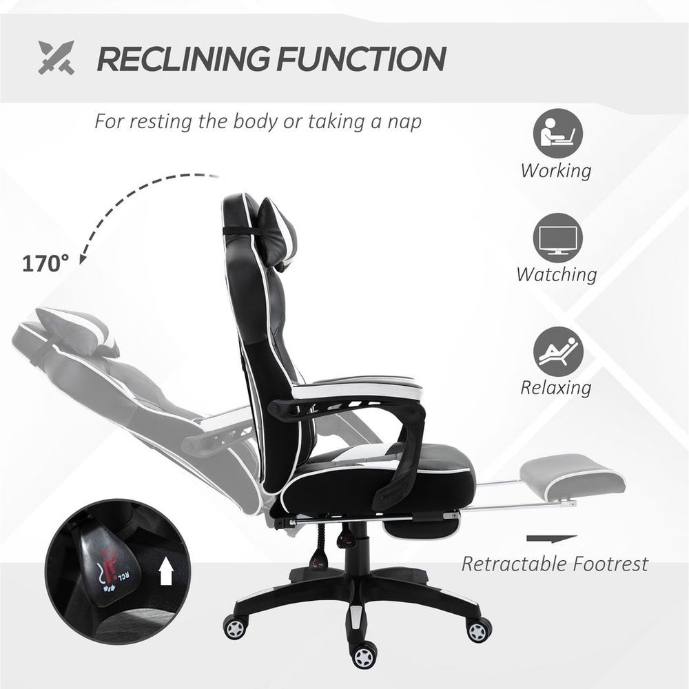 Ergonomic Reclining Gaming Chair with Footrest - Stylish White Office Comfort