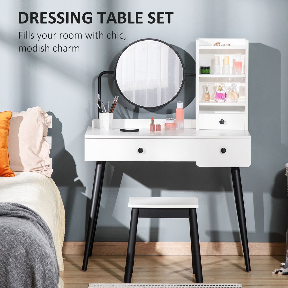 Elegant White Dressing Table Set with Storage Drawers & Matching Stool