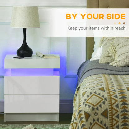 HOMCOM LED Nightstand: Stylish White Bedside Table with 2 Drawers & Lights